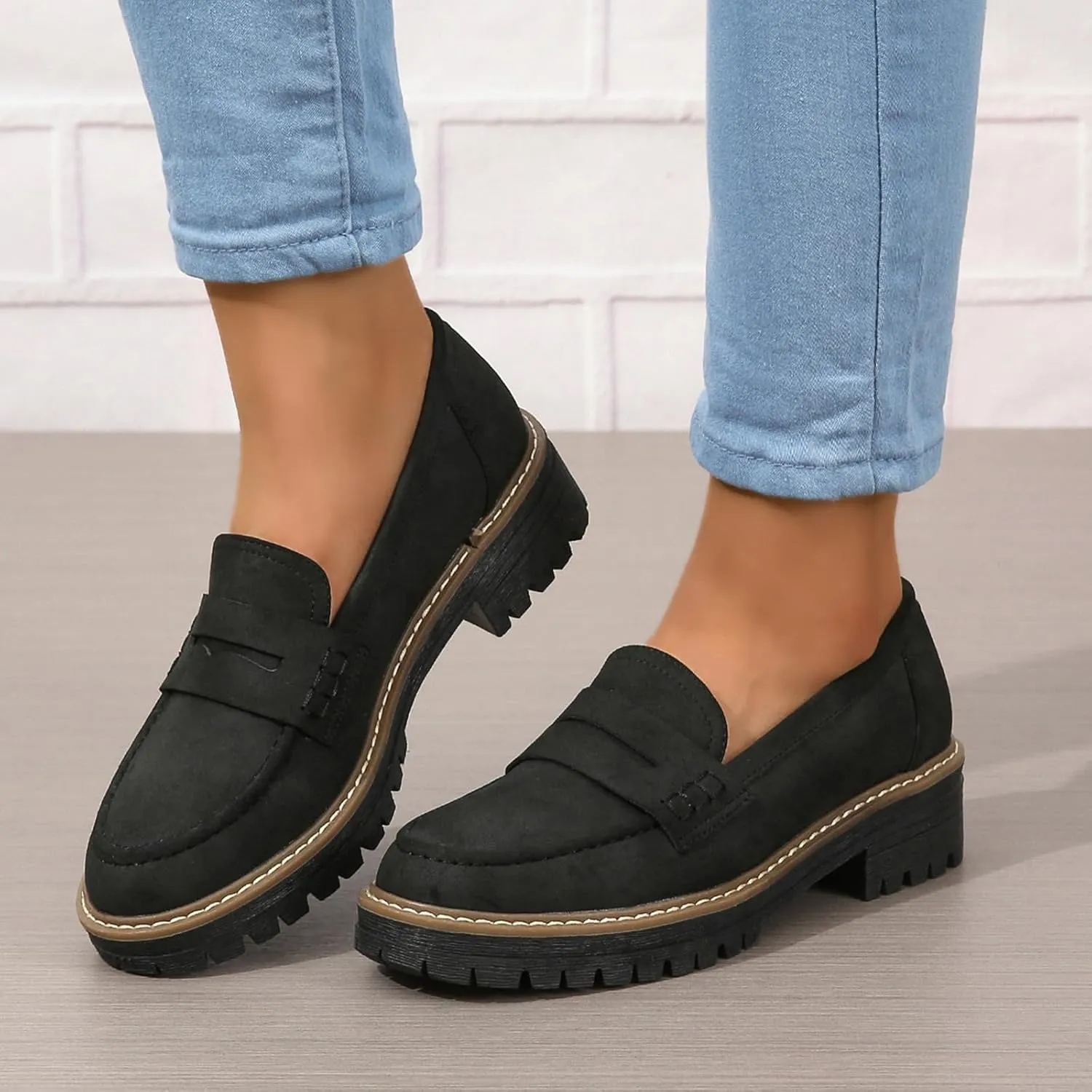 Womens Loafers Slip On Casual Chunky Platform Heel Loafers Classic Penny Dressy Comfy Business Work Shoes Green Beige Black Red US5-11