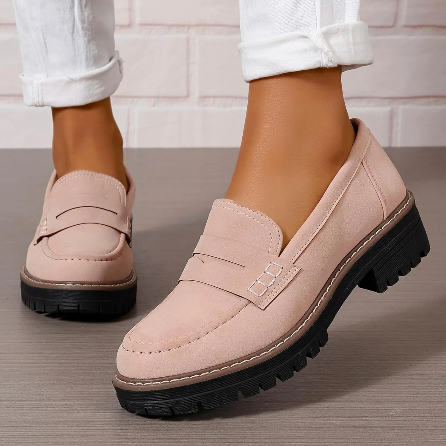 Womens Loafers Slip On Casual Chunky Platform Heel Loafers Classic Penny Dressy Comfy Business Work Shoes Green Beige Black Red US5-11