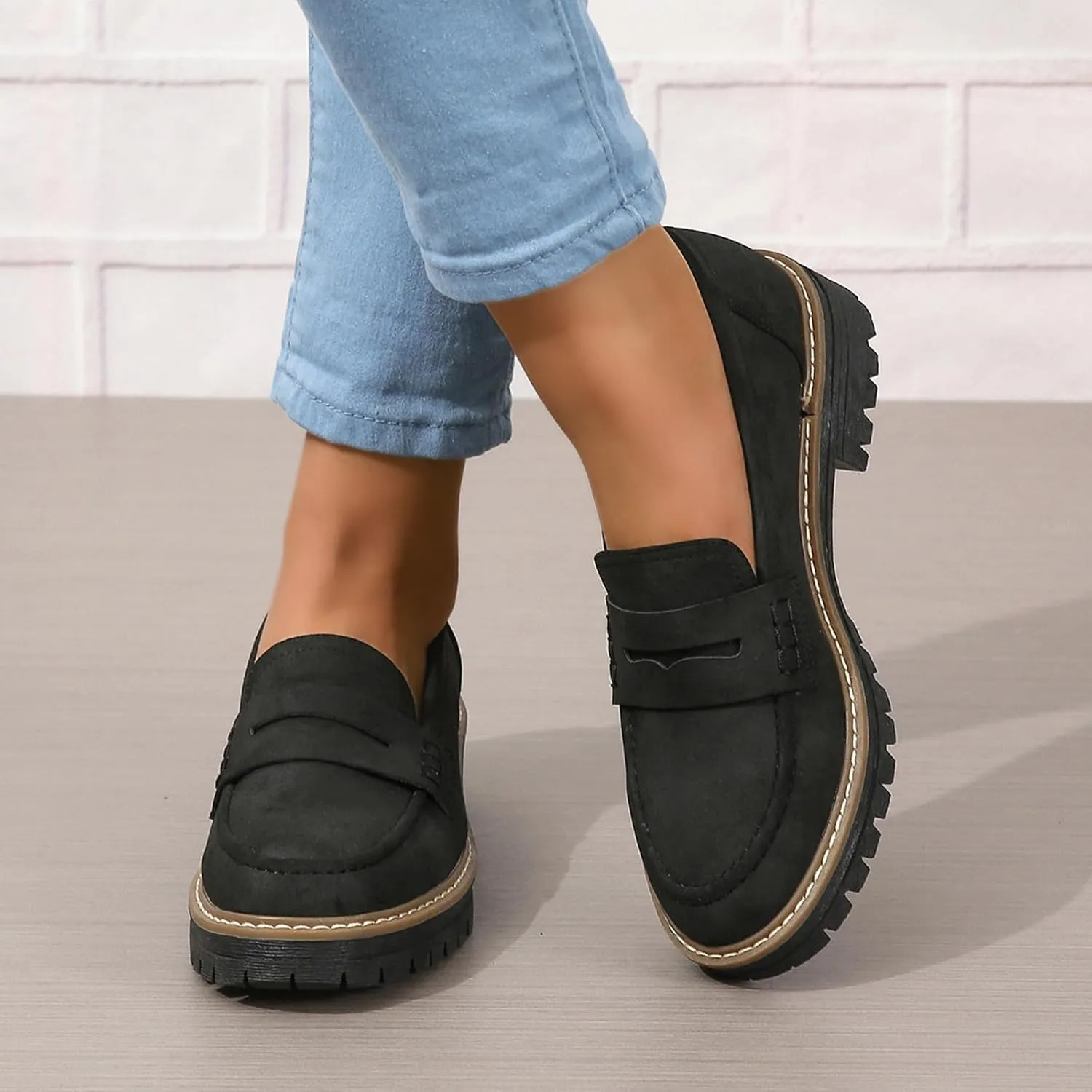 Womens Loafers Slip On Casual Chunky Platform Heel Loafers Classic Penny Dressy Comfy Business Work Shoes Green Beige Black Red US5-11