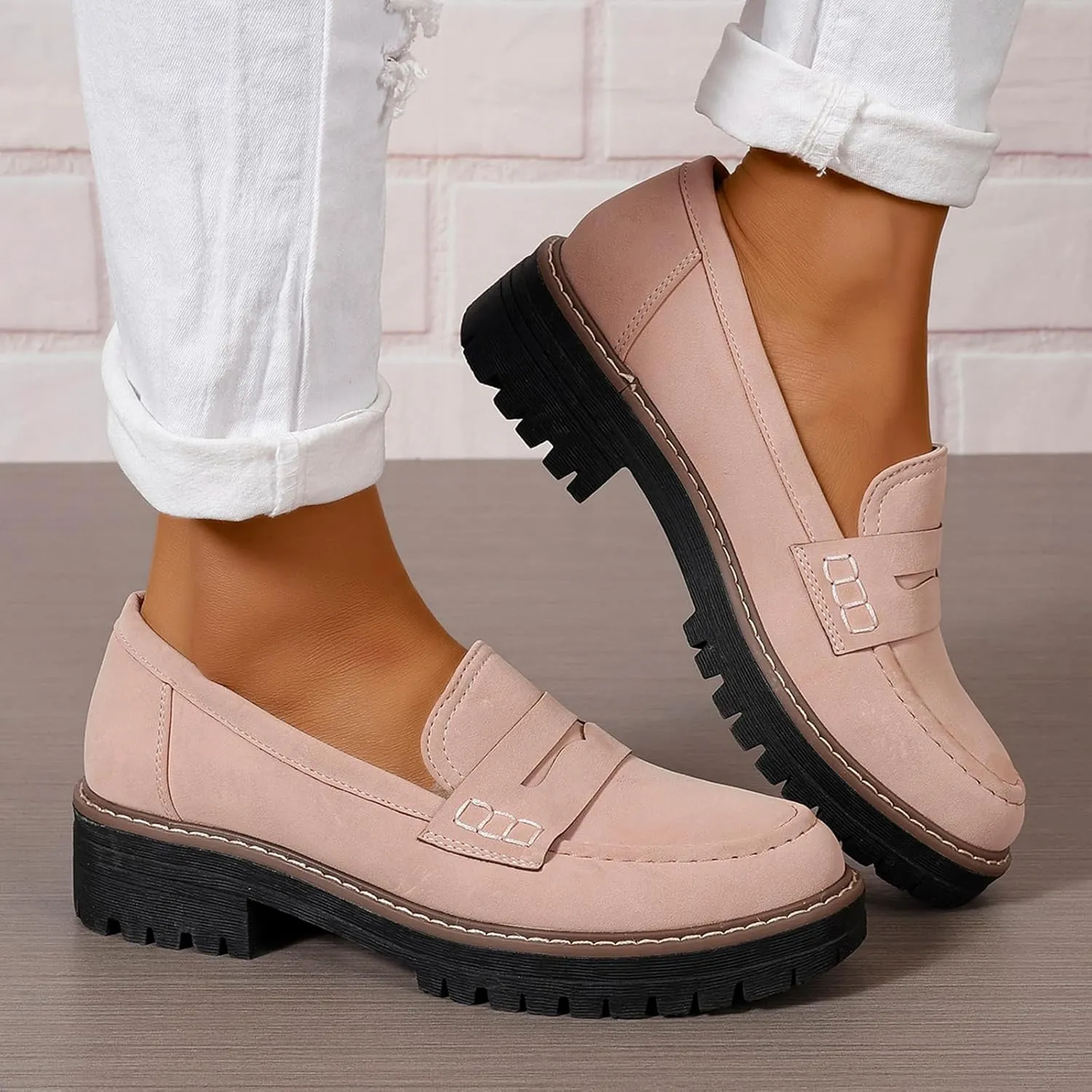 Womens Loafers Slip On Casual Chunky Platform Heel Loafers Classic Penny Dressy Comfy Business Work Shoes Green Beige Black Red US5-11