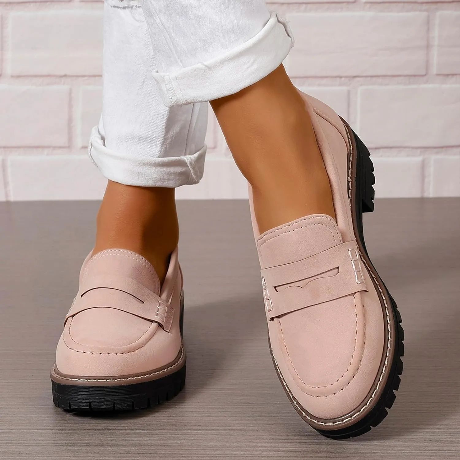 Womens Loafers Slip On Casual Chunky Platform Heel Loafers Classic Penny Dressy Comfy Business Work Shoes Green Beige Black Red US5-11