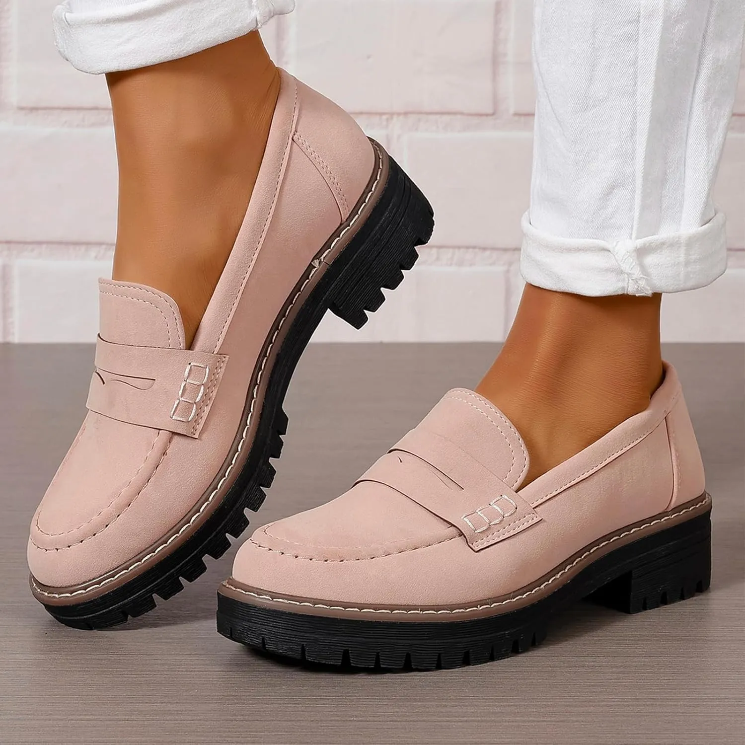 Womens Loafers Slip On Casual Chunky Platform Heel Loafers Classic Penny Dressy Comfy Business Work Shoes Green Beige Black Red US5-11