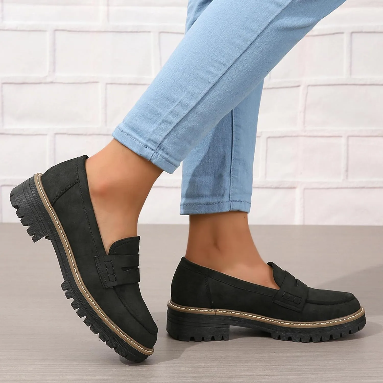 Womens Loafers Slip On Casual Chunky Platform Heel Loafers Classic Penny Dressy Comfy Business Work Shoes Green Beige Black Red US5-11