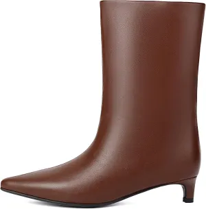 Women's Mid Calf Boots Wide Calf Kitten Heel Pointed Toe Pull On Low Heel Fall Boots