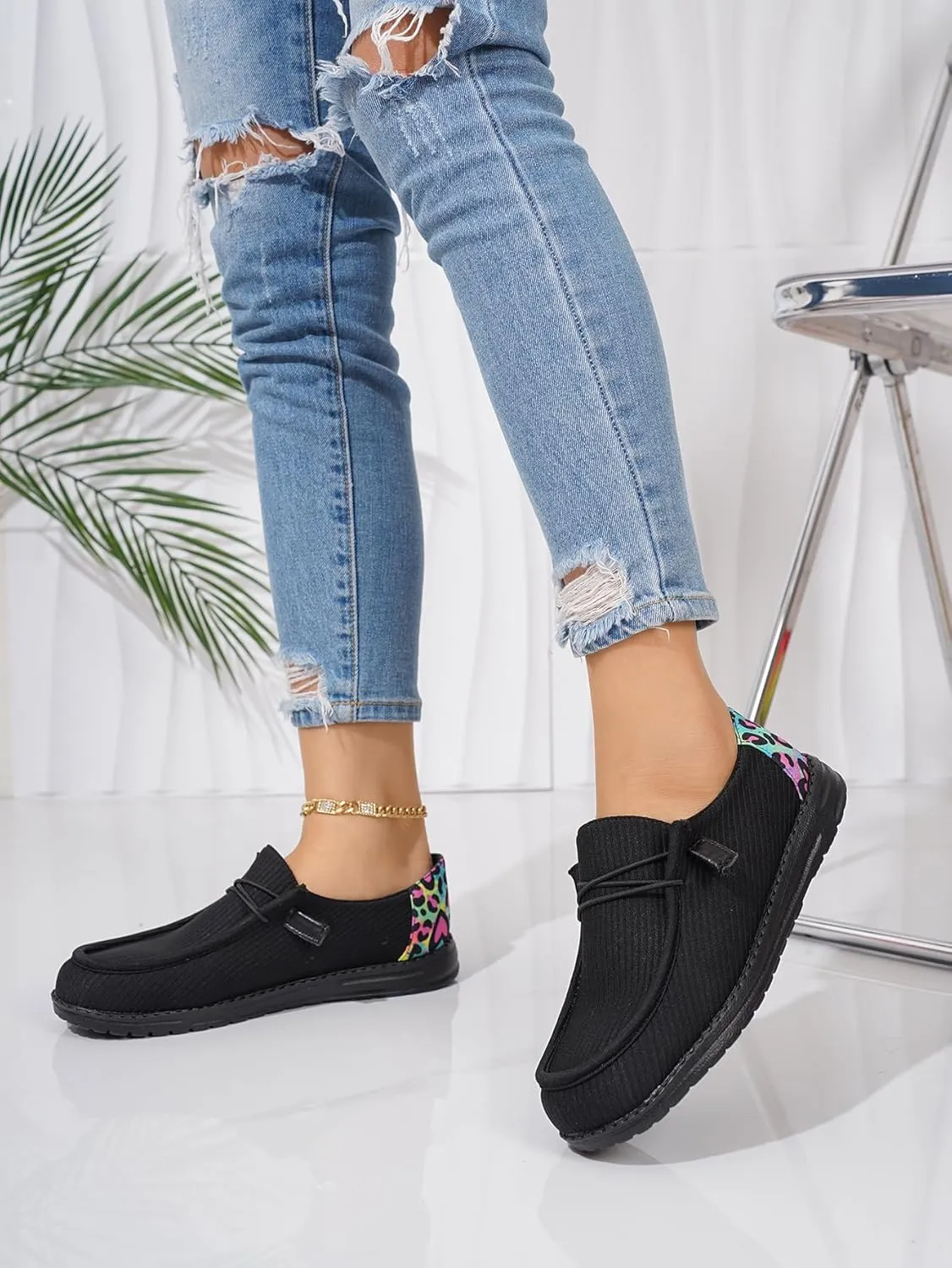 Women's Milky Cow Print Slip-On Loafers - Lightweight Comfortable Casual Shoes with Elastic Laces, Foam Outsole, Orthotic Walking Shoes for Daily Wear, US 6-10