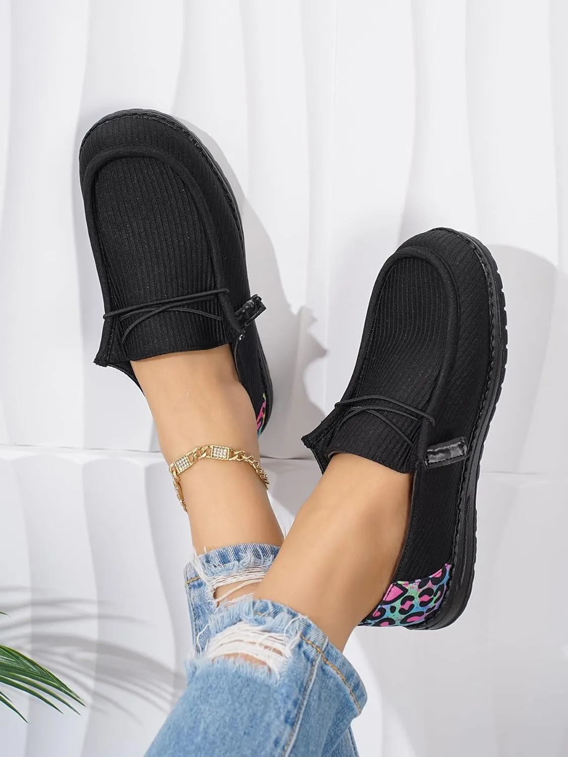 Women's Milky Cow Print Slip-On Loafers - Lightweight Comfortable Casual Shoes with Elastic Laces, Foam Outsole, Orthotic Walking Shoes for Daily Wear, US 6-10