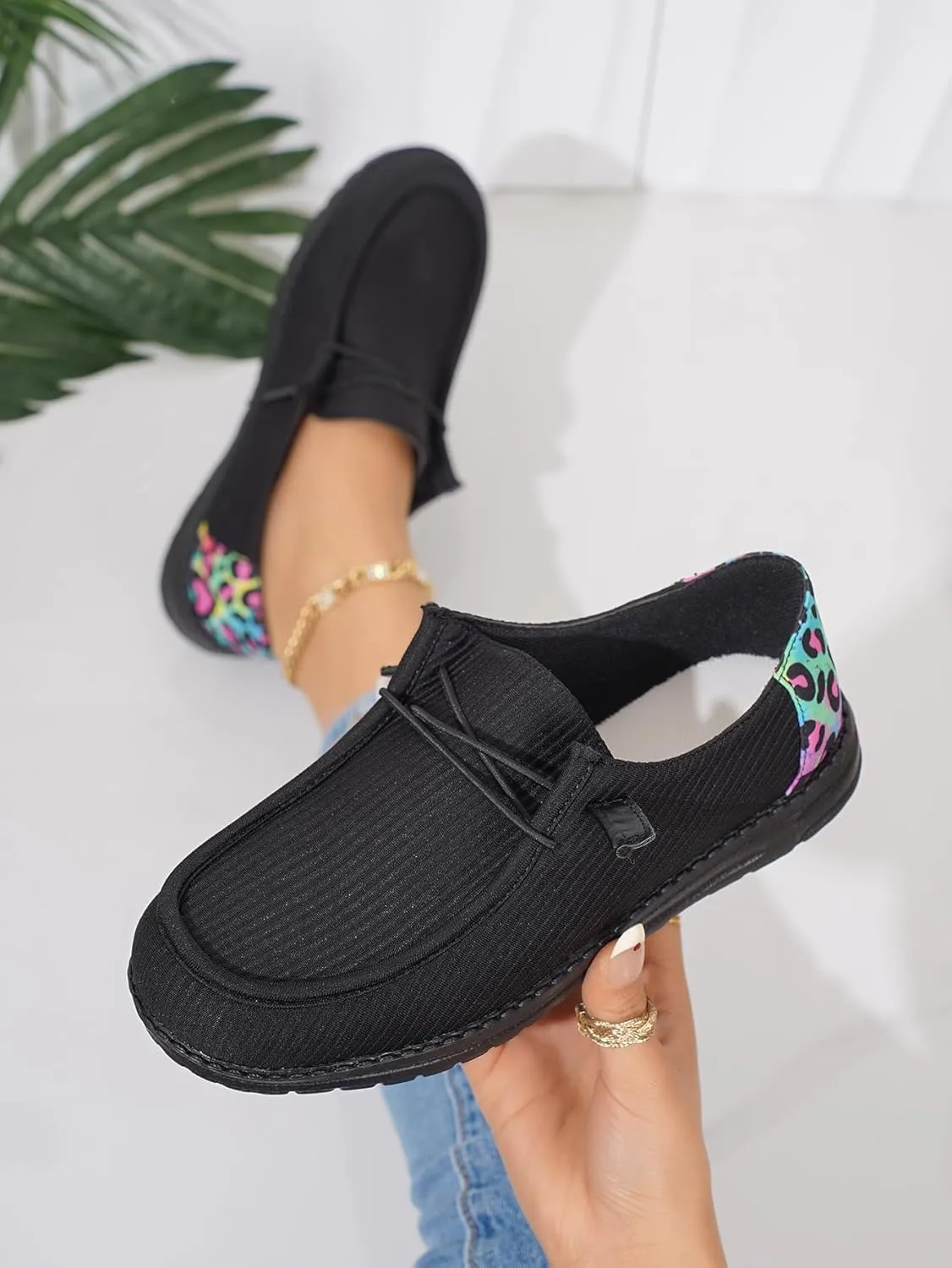 Women's Milky Cow Print Slip-On Loafers - Lightweight Comfortable Casual Shoes with Elastic Laces, Foam Outsole, Orthotic Walking Shoes for Daily Wear, US 6-10
