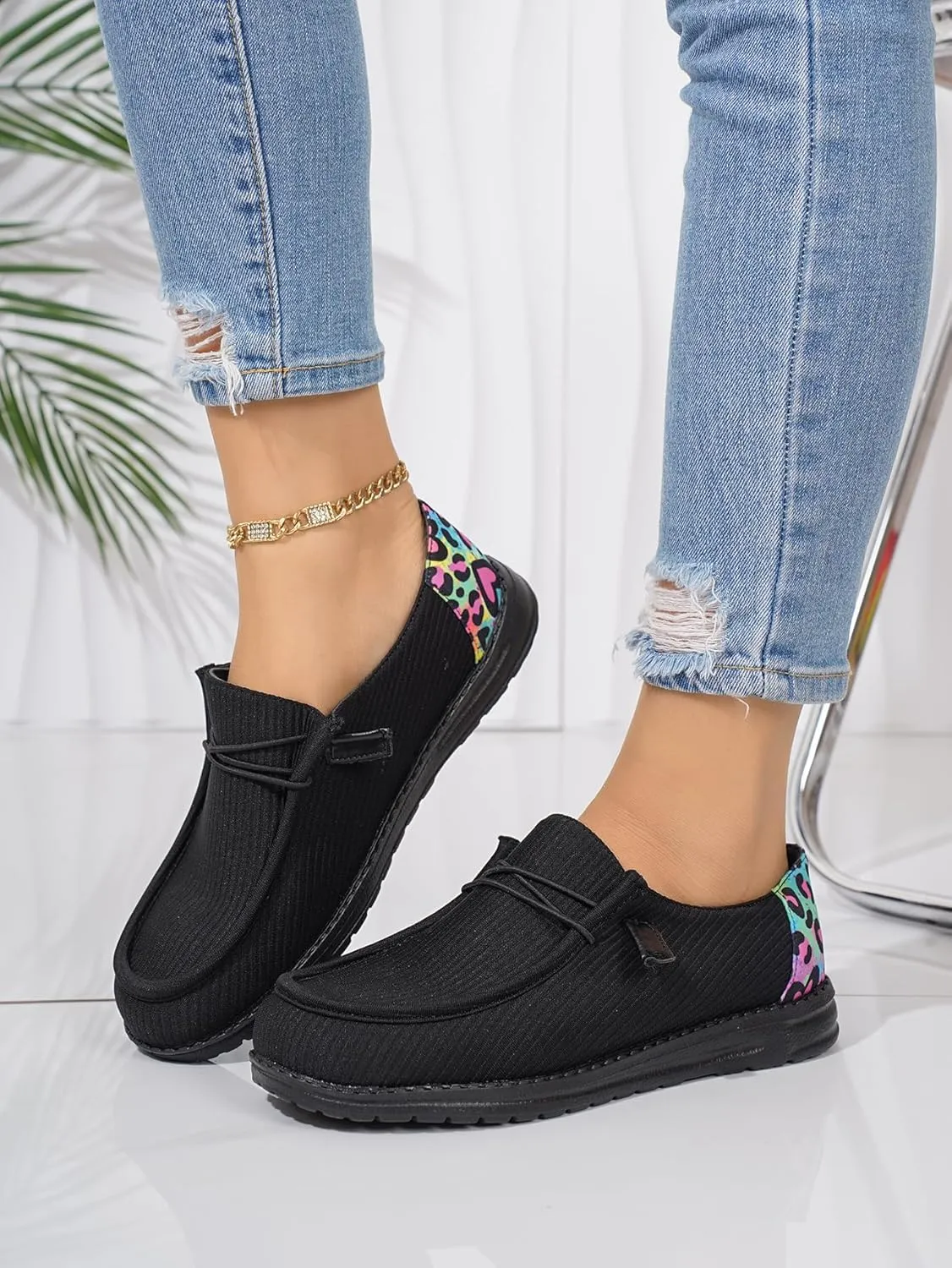 Women's Milky Cow Print Slip-On Loafers - Lightweight Comfortable Casual Shoes with Elastic Laces, Foam Outsole, Orthotic Walking Shoes for Daily Wear, US 6-10