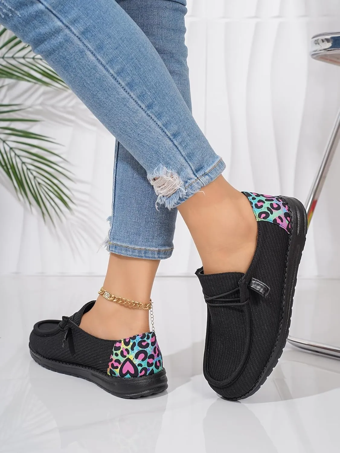 Women's Milky Cow Print Slip-On Loafers - Lightweight Comfortable Casual Shoes with Elastic Laces, Foam Outsole, Orthotic Walking Shoes for Daily Wear, US 6-10