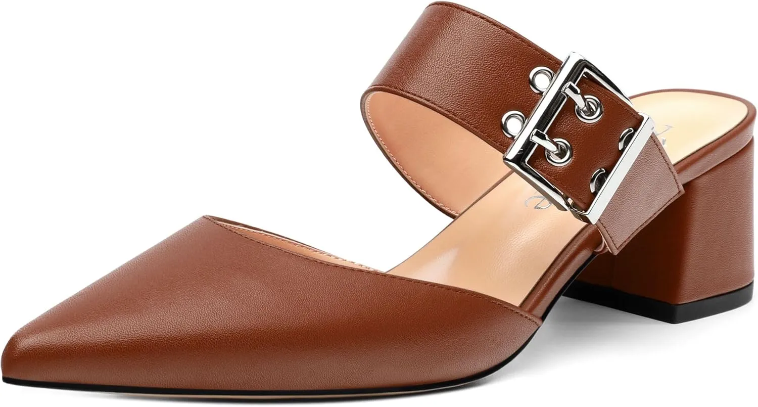 Women's Mules Buckle Adjustable Strap Pointed Toe Comfort Casual Matte Chunky Low Heel Pumps Slide Sandals 2 Inch