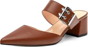 Women's Mules Buckle Adjustable Strap Pointed Toe Comfort Casual Matte Chunky Low Heel Pumps Slide Sandals 2 Inch
