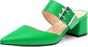 Women's Mules Buckle Adjustable Strap Pointed Toe Comfort Casual Matte Chunky Low Heel Pumps Slide Sandals 2 Inch