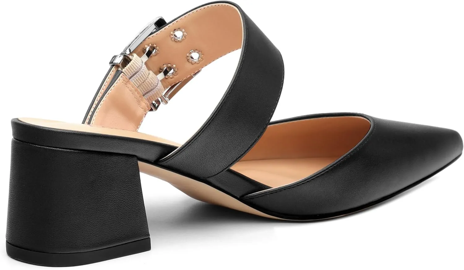 Women's Mules Buckle Adjustable Strap Pointed Toe Comfort Casual Matte Chunky Low Heel Pumps Slide Sandals 2 Inch