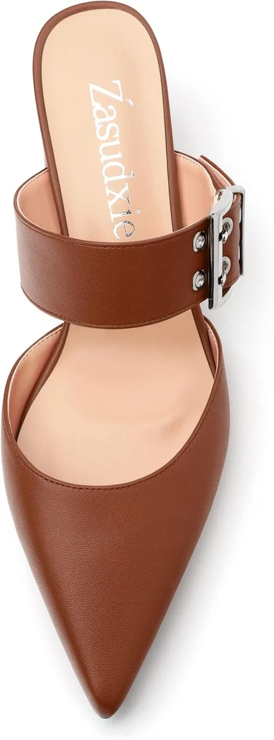 Women's Mules Buckle Adjustable Strap Pointed Toe Comfort Casual Matte Chunky Low Heel Pumps Slide Sandals 2 Inch