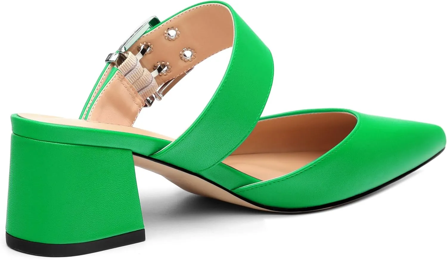 Women's Mules Buckle Adjustable Strap Pointed Toe Comfort Casual Matte Chunky Low Heel Pumps Slide Sandals 2 Inch