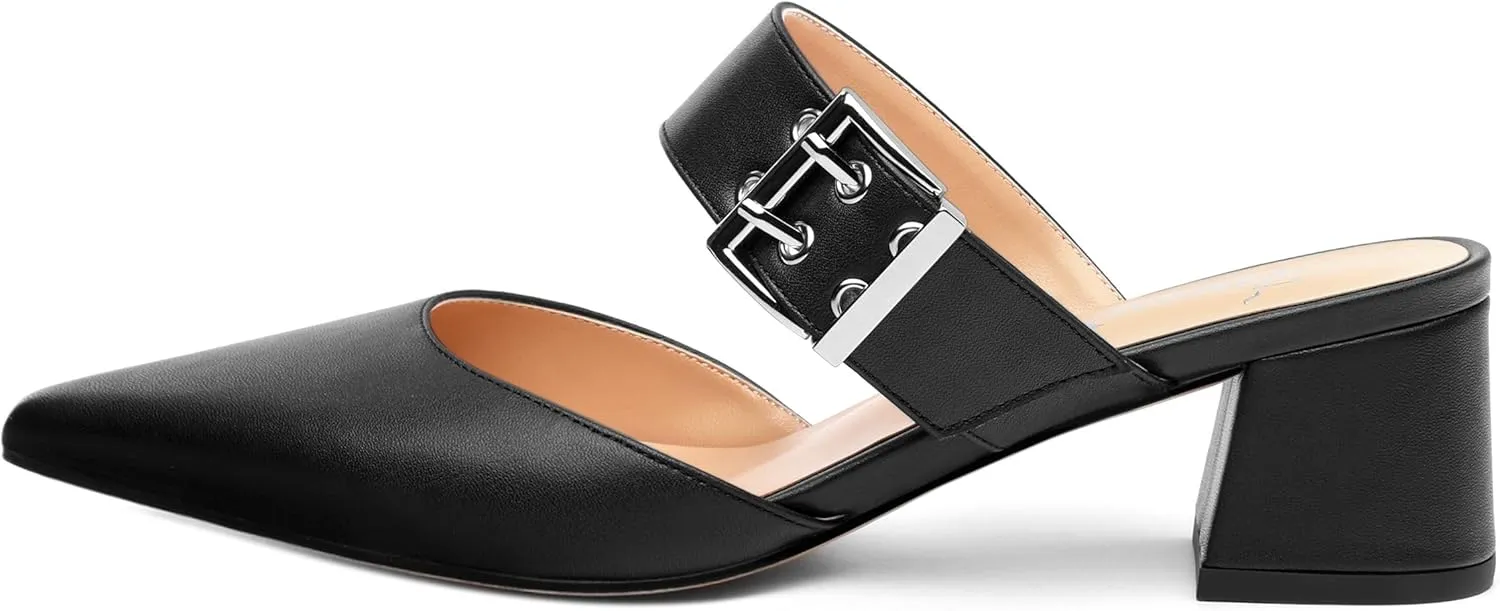 Women's Mules Buckle Adjustable Strap Pointed Toe Comfort Casual Matte Chunky Low Heel Pumps Slide Sandals 2 Inch