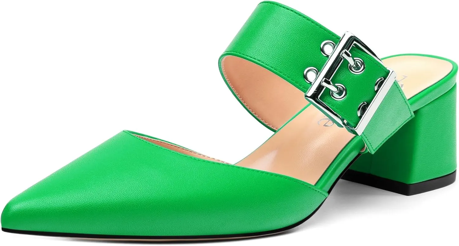 Women's Mules Buckle Adjustable Strap Pointed Toe Comfort Casual Matte Chunky Low Heel Pumps Slide Sandals 2 Inch