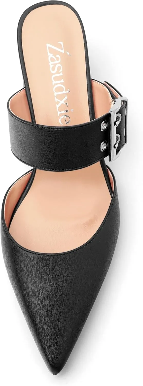 Women's Mules Buckle Adjustable Strap Pointed Toe Comfort Casual Matte Chunky Low Heel Pumps Slide Sandals 2 Inch