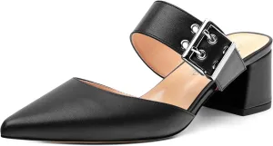 Women's Mules Buckle Adjustable Strap Pointed Toe Comfort Casual Matte Chunky Low Heel Pumps Slide Sandals 2 Inch