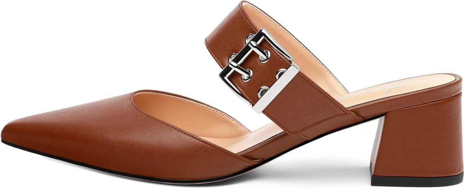 Women's Mules Buckle Adjustable Strap Pointed Toe Comfort Casual Matte Chunky Low Heel Pumps Slide Sandals 2 Inch