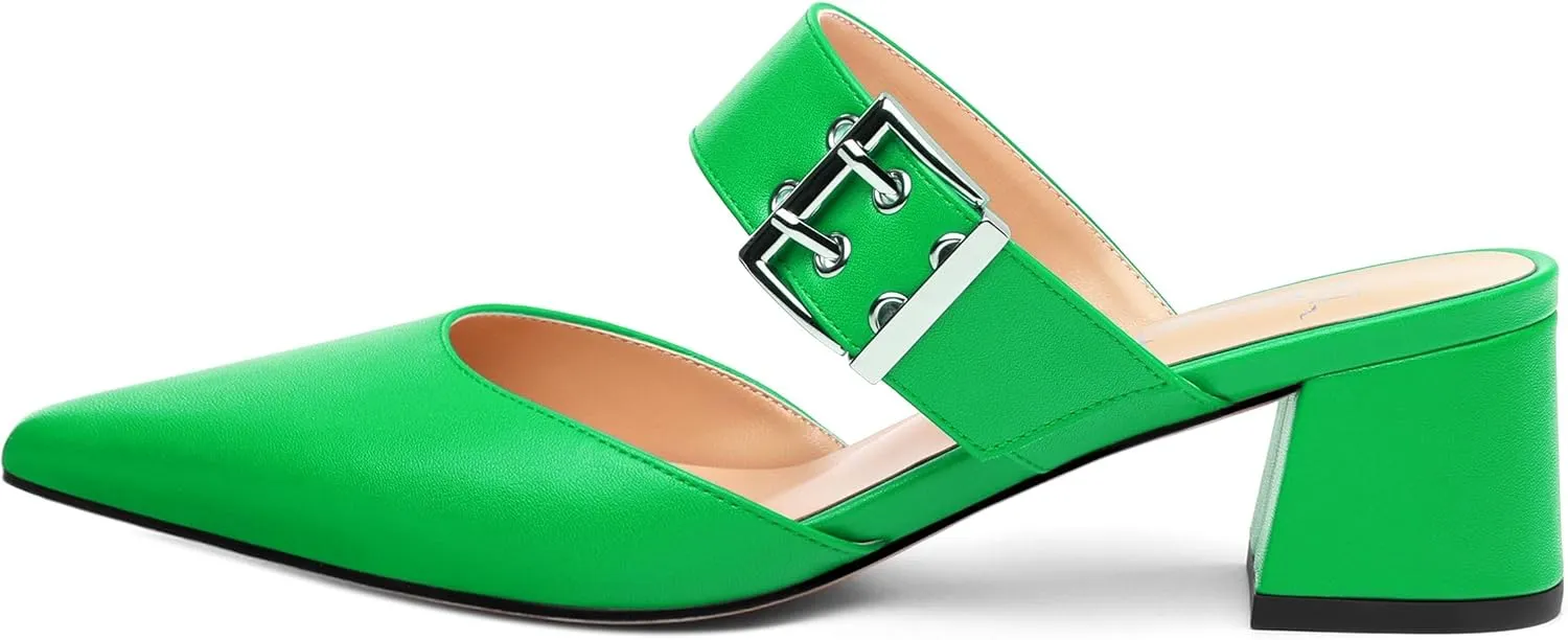 Women's Mules Buckle Adjustable Strap Pointed Toe Comfort Casual Matte Chunky Low Heel Pumps Slide Sandals 2 Inch