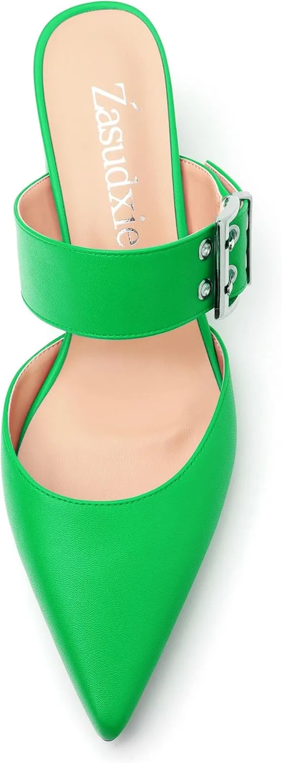 Women's Mules Buckle Adjustable Strap Pointed Toe Comfort Casual Matte Chunky Low Heel Pumps Slide Sandals 2 Inch