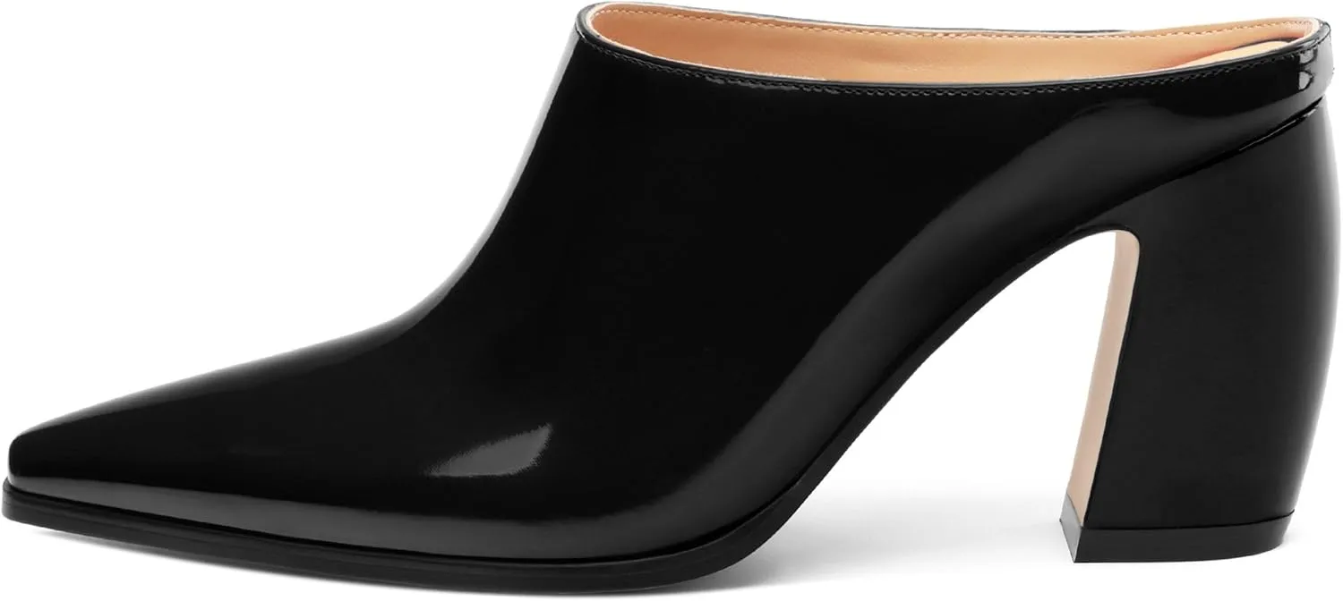 Womens Mules, Closed Square Toe Chunky Heel Mules, High Block Heel Backless Loafers Shoes, Slip On Mules for Women Dress Party Shoes 3.35 Inch