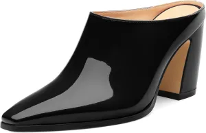 Womens Mules, Closed Square Toe Chunky Heel Mules, High Block Heel Backless Loafers Shoes, Slip On Mules for Women Dress Party Shoes 3.35 Inch