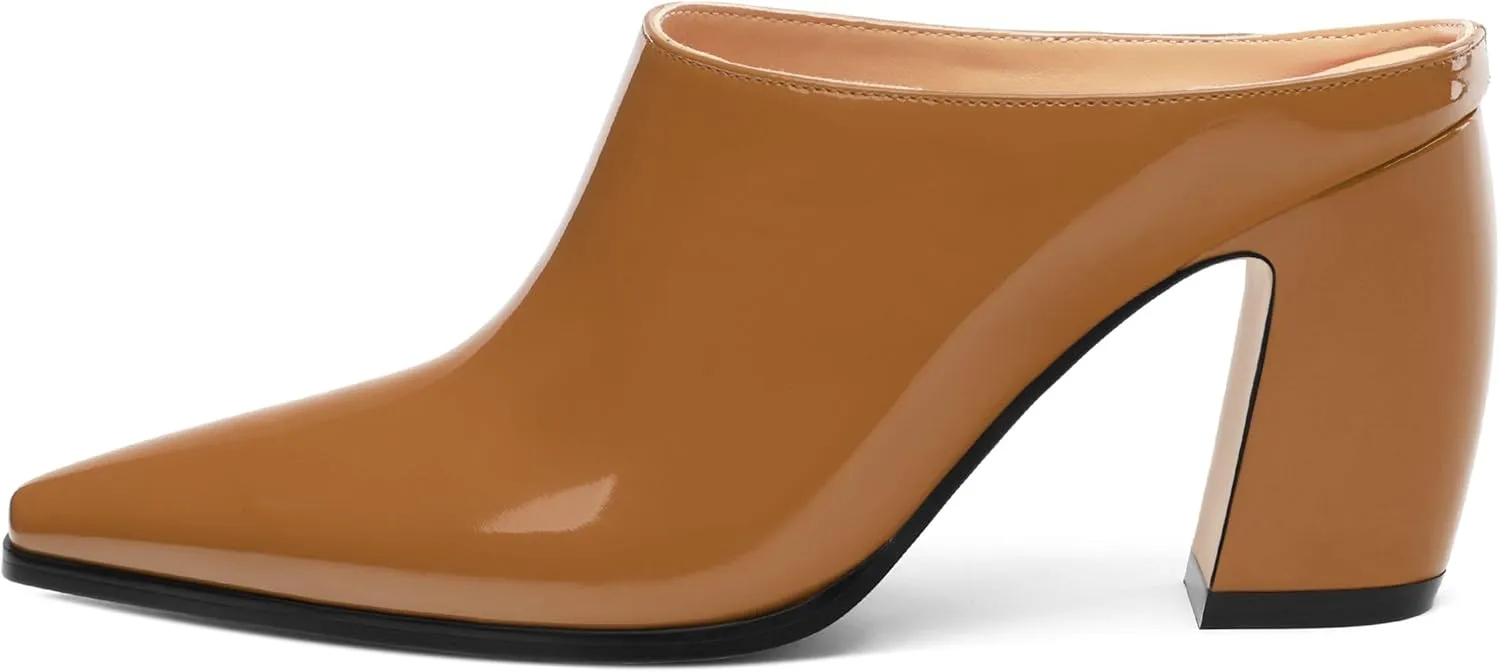 Womens Mules, Closed Square Toe Chunky Heel Mules, High Block Heel Backless Loafers Shoes, Slip On Mules for Women Dress Party Shoes 3.35 Inch