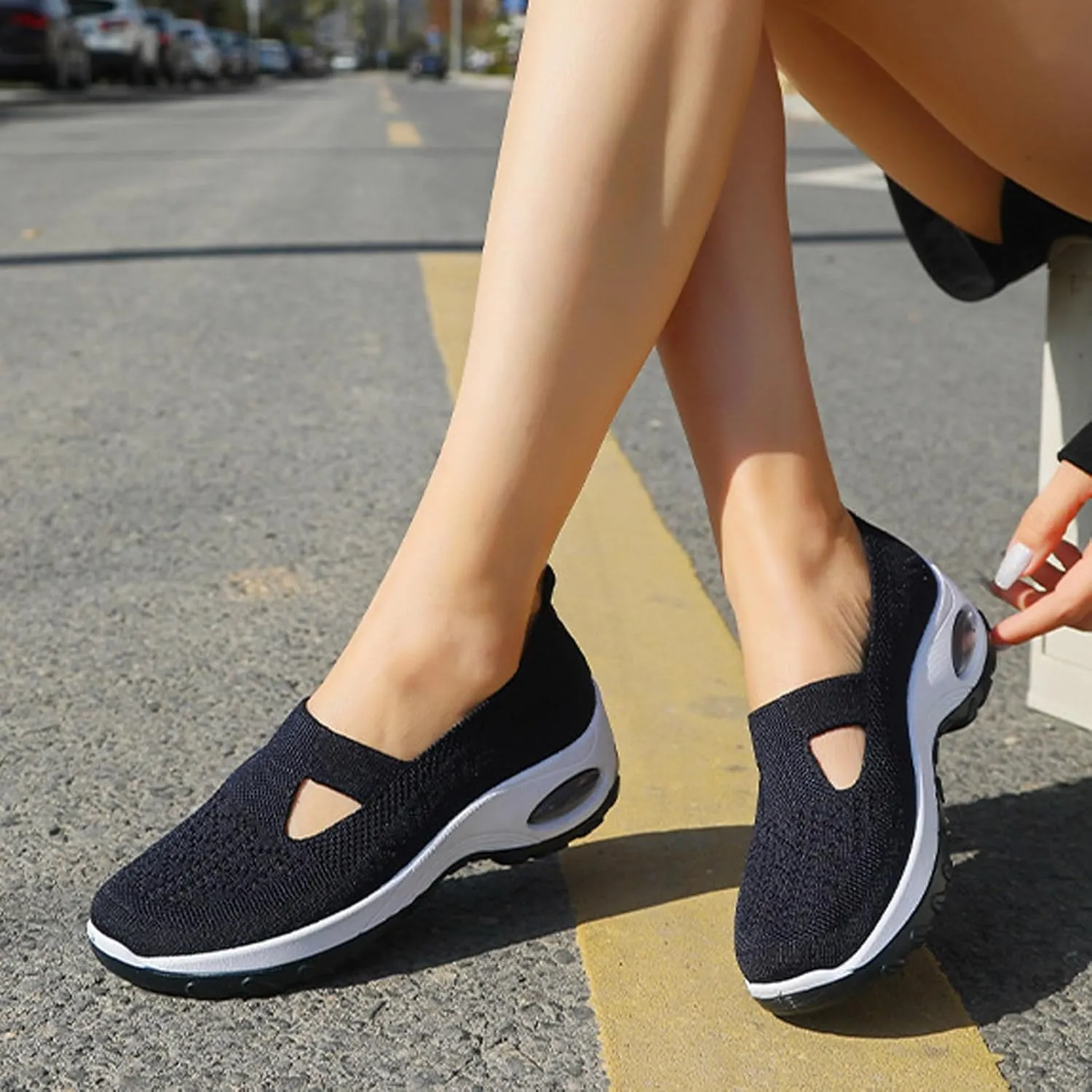 Women’s Orthopedic Knit Mesh Shoes Arch Support Air Cushion Slip on Sneakers Breathable Comfortable Anti-Skid Sports Shoes