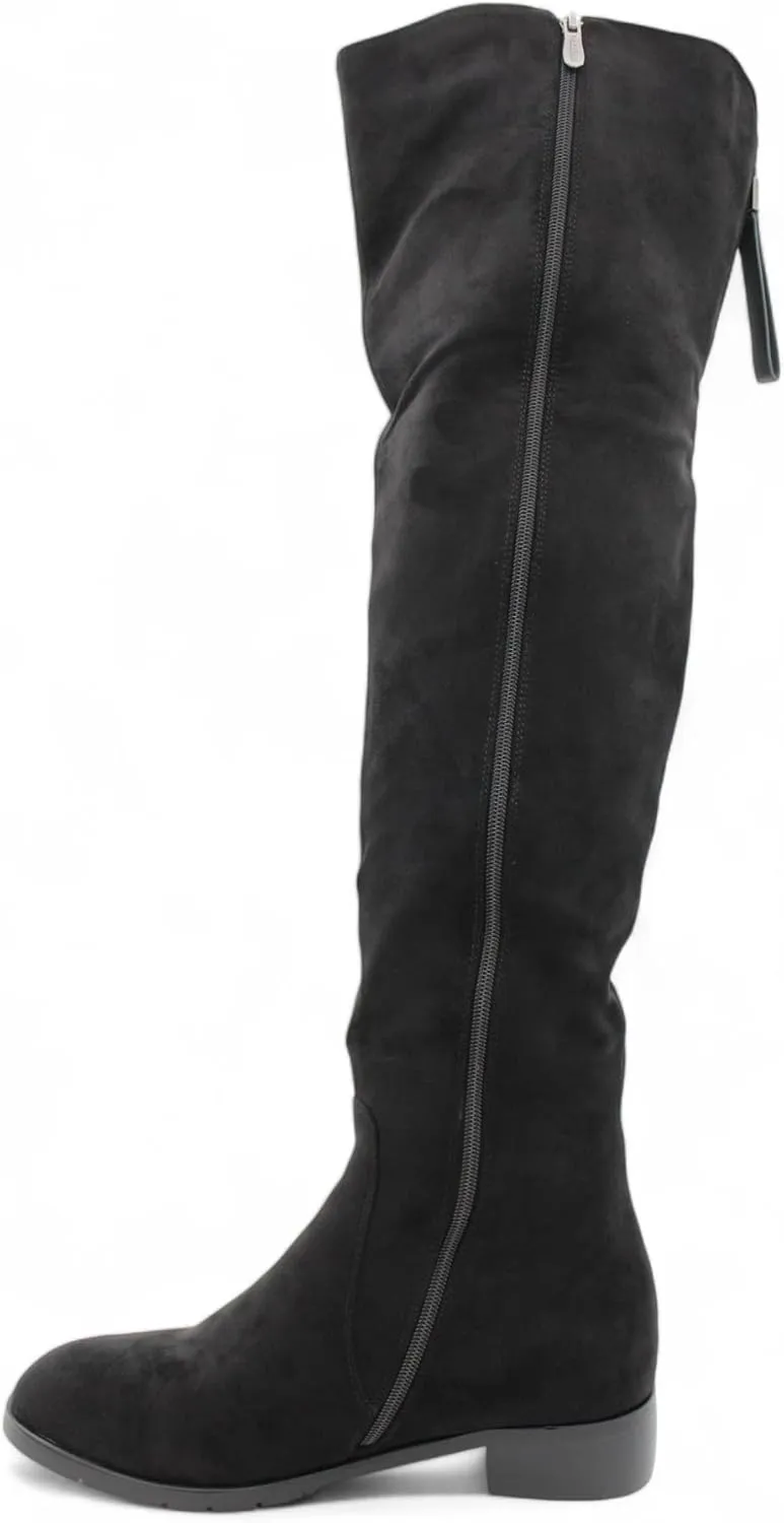 Womens Over the Knee Black Flat Heel Boots Round Toe Side-Zip with Back Pull Loop, Comfortable Winter Boots, Over the Knee Boots for Women, Snow Boots for Women