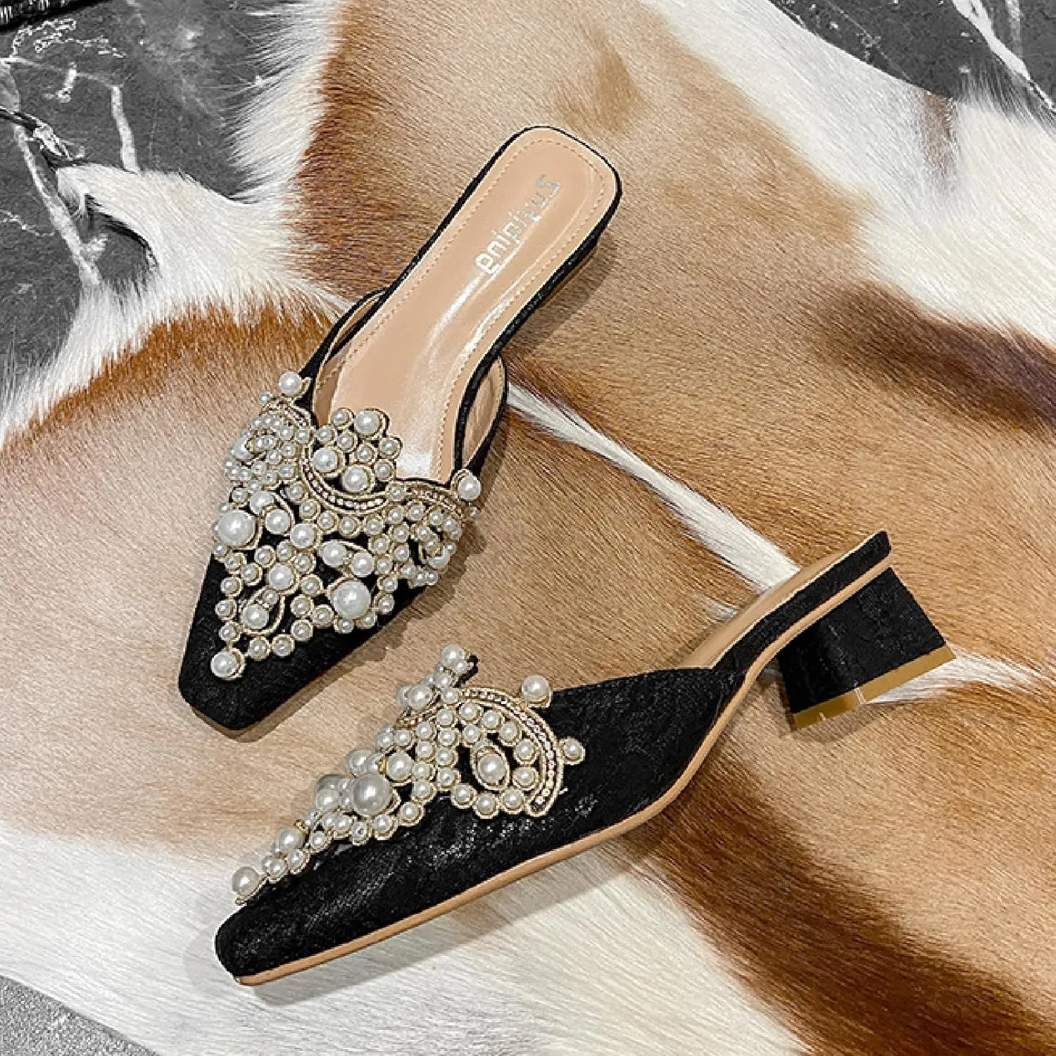 Women's Pearl Print Leather Low Heels Mules Fashion Comfortable Closed Pointed Toe Slip on Block Heel Backless Pumps for Party Prom Date Wedding Dress Slides