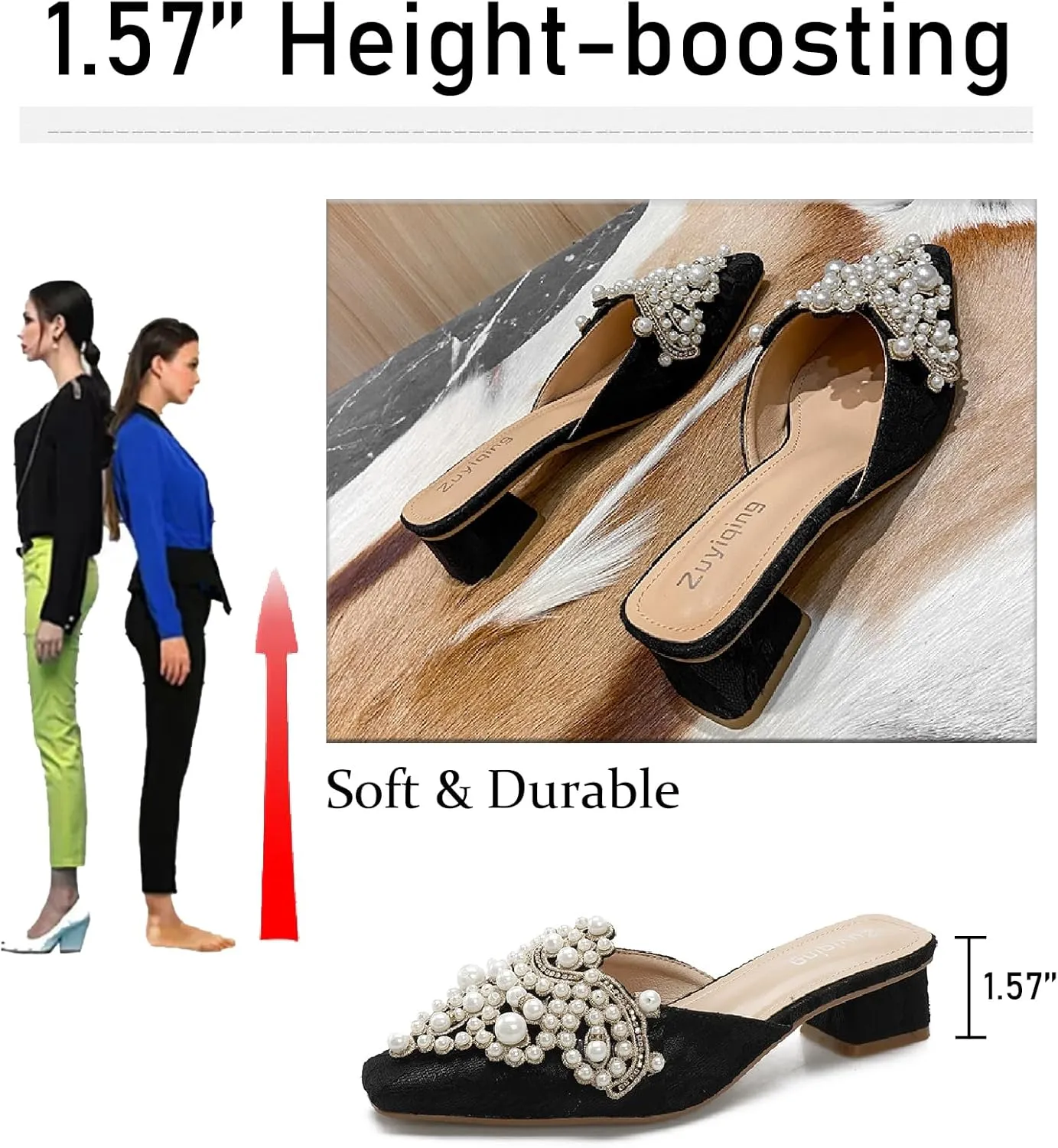 Women's Pearl Print Leather Low Heels Mules Fashion Comfortable Closed Pointed Toe Slip on Block Heel Backless Pumps for Party Prom Date Wedding Dress Slides