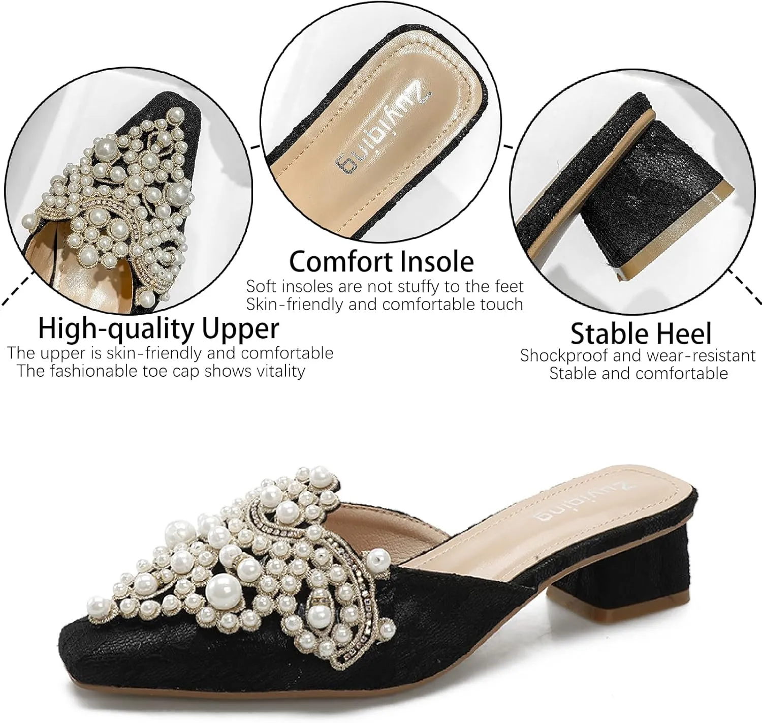 Women's Pearl Print Leather Low Heels Mules Fashion Comfortable Closed Pointed Toe Slip on Block Heel Backless Pumps for Party Prom Date Wedding Dress Slides