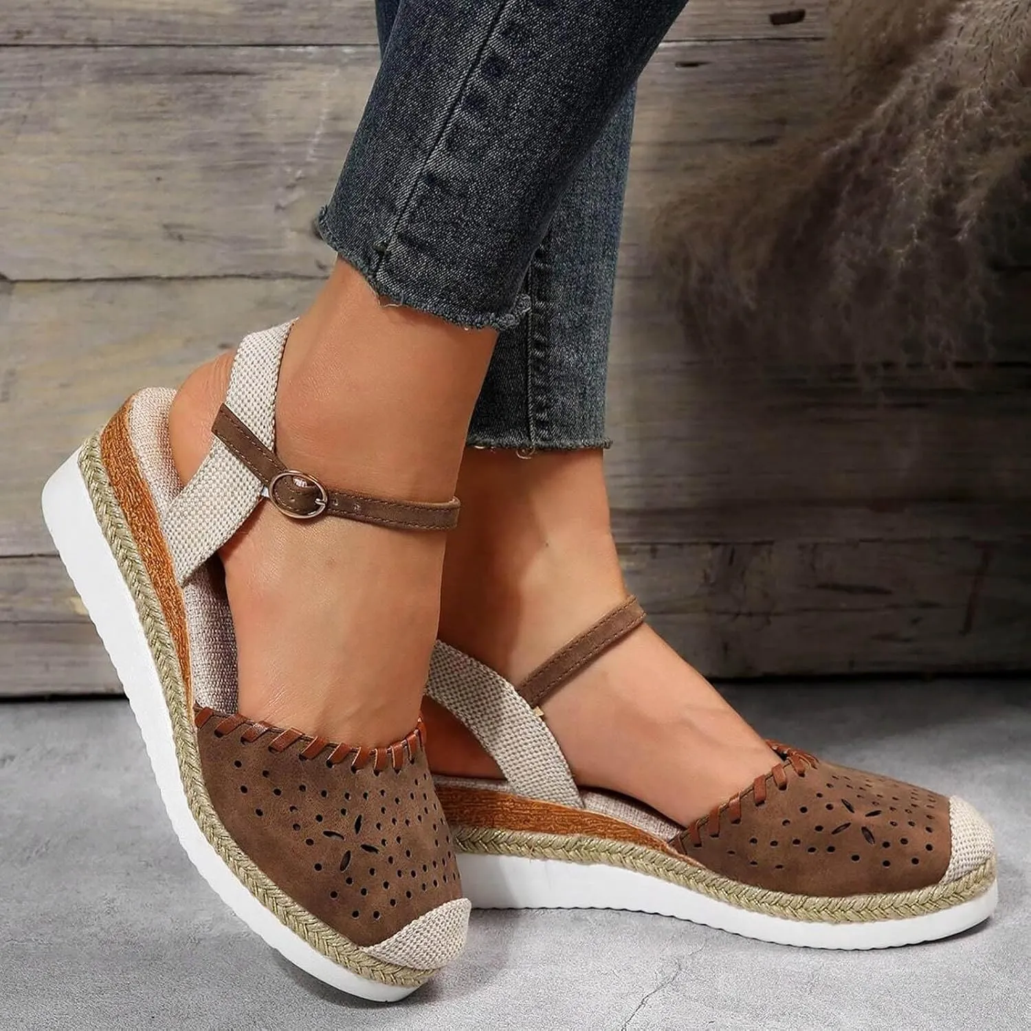 Women's Platform & Wedge Sandals Summer Closed Toe Hollow Out Orthopedic Shoes Comfort Breathable Slip On Summer Sandals with Adjustable Buckle Ankle Strap