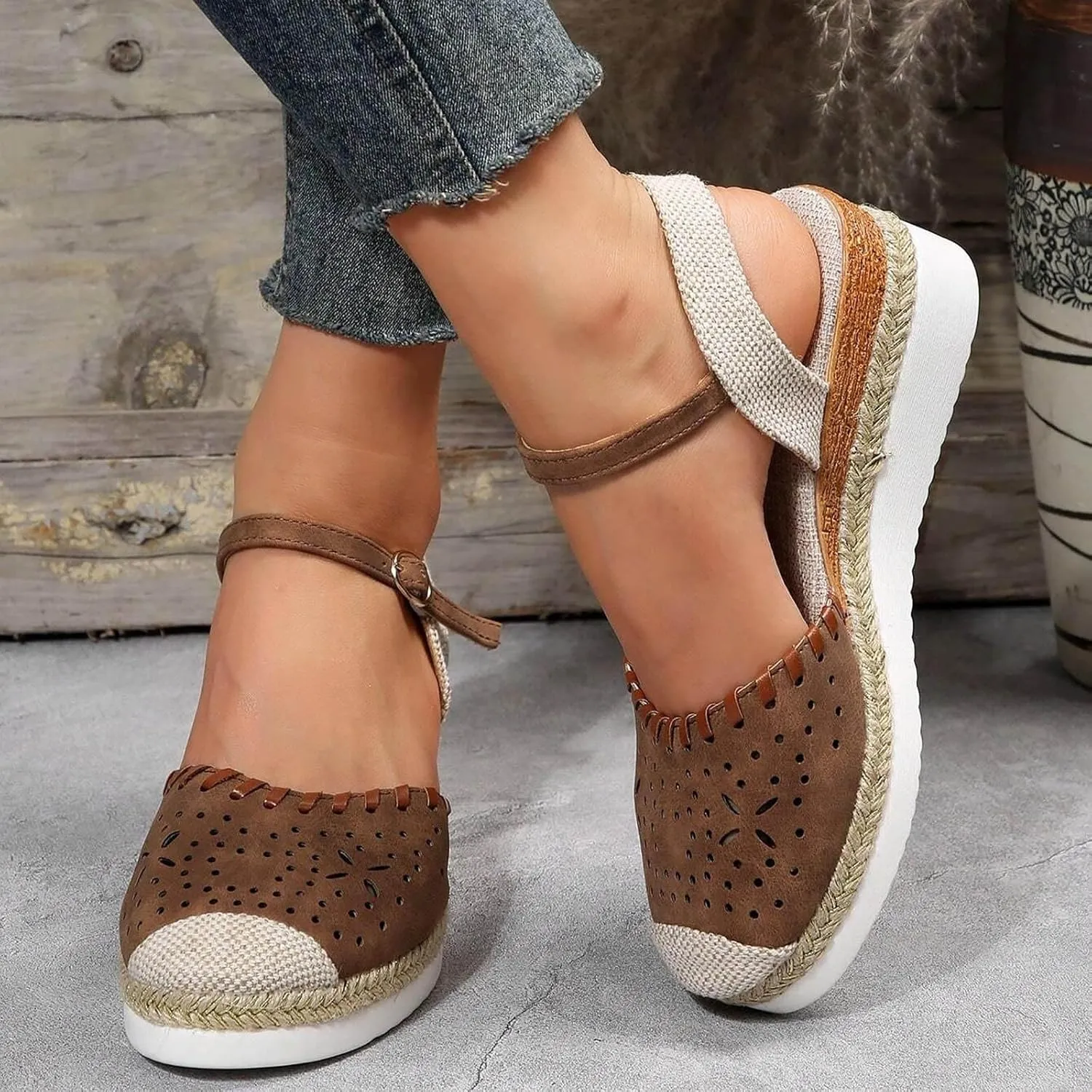 Women's Platform & Wedge Sandals Summer Closed Toe Hollow Out Orthopedic Shoes Comfort Breathable Slip On Summer Sandals with Adjustable Buckle Ankle Strap