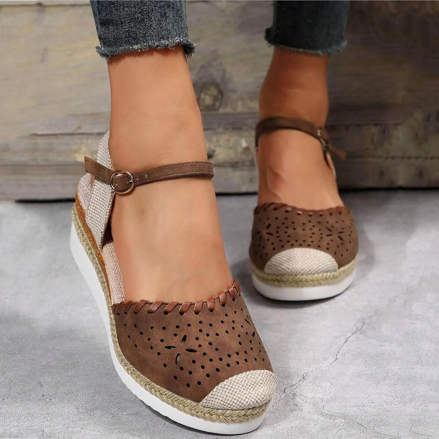 Women's Platform & Wedge Sandals Summer Closed Toe Hollow Out Orthopedic Shoes Comfort Breathable Slip On Summer Sandals with Adjustable Buckle Ankle Strap