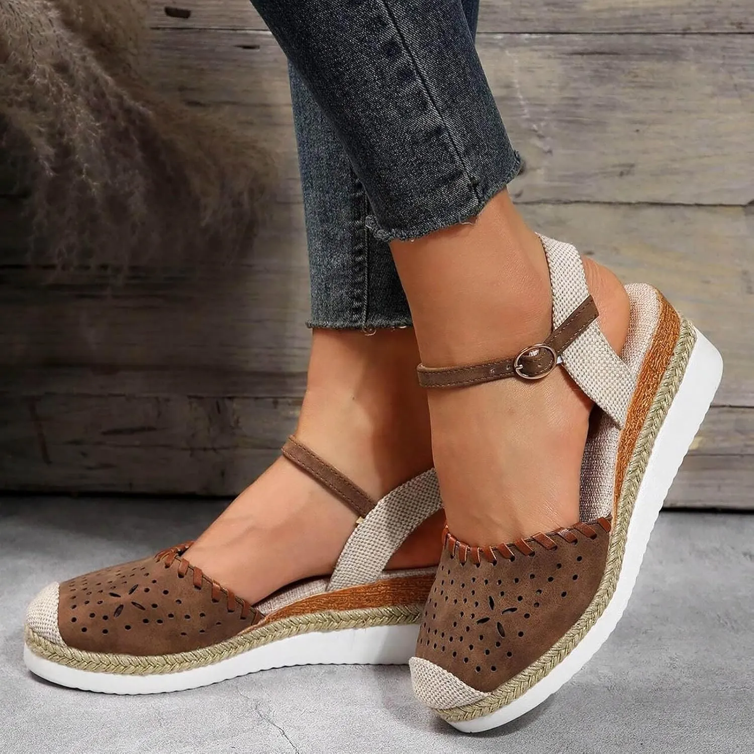 Women's Platform & Wedge Sandals Summer Closed Toe Hollow Out Orthopedic Shoes Comfort Breathable Slip On Summer Sandals with Adjustable Buckle Ankle Strap