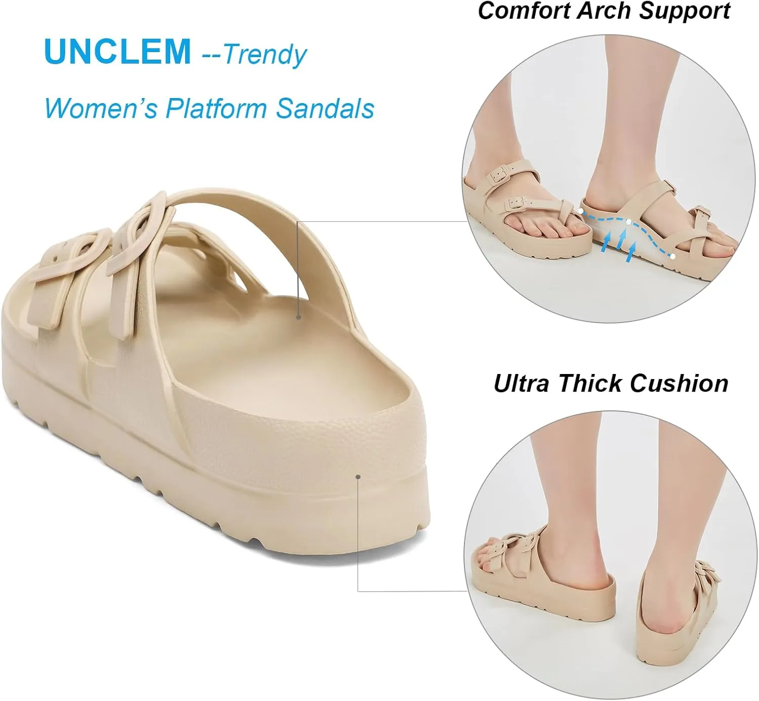 Women's Platform Arch Support Sandals Comfortable Waterproof Slides with Adjustable Buckle Thick Cushion