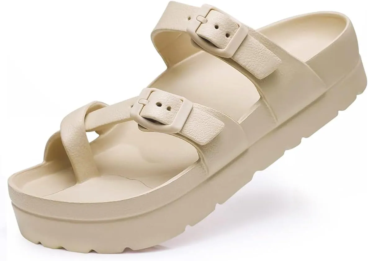 Women's Platform Arch Support Sandals Comfortable Waterproof Slides with Adjustable Buckle Thick Cushion
