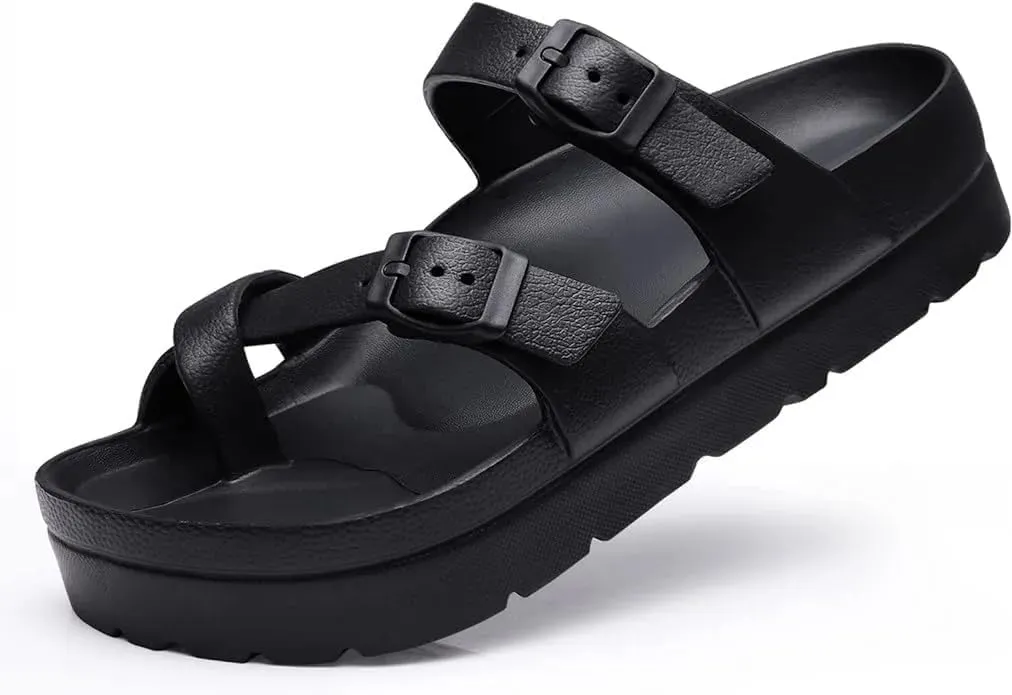 Women's Platform Sandals - Arch Support, Comfortable Foam Slides with Adjustable Buckle, Lightweight Thick Soles | Ultra Cushion