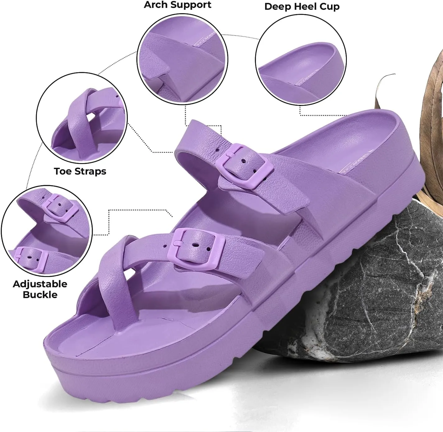 Women's Platform Sandals - Arch Support, Comfortable Foam Slides with Adjustable Buckle, Lightweight Thick Soles | Ultra Cushion