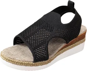 Women's Platform Sandals Dressy Summer Casual Slip On Wedge Sandals Breathable Knit Mesh Walking Shoes Open Toe Elastic Ankle Strap Sandal Ladies Shoes on Feet All Day