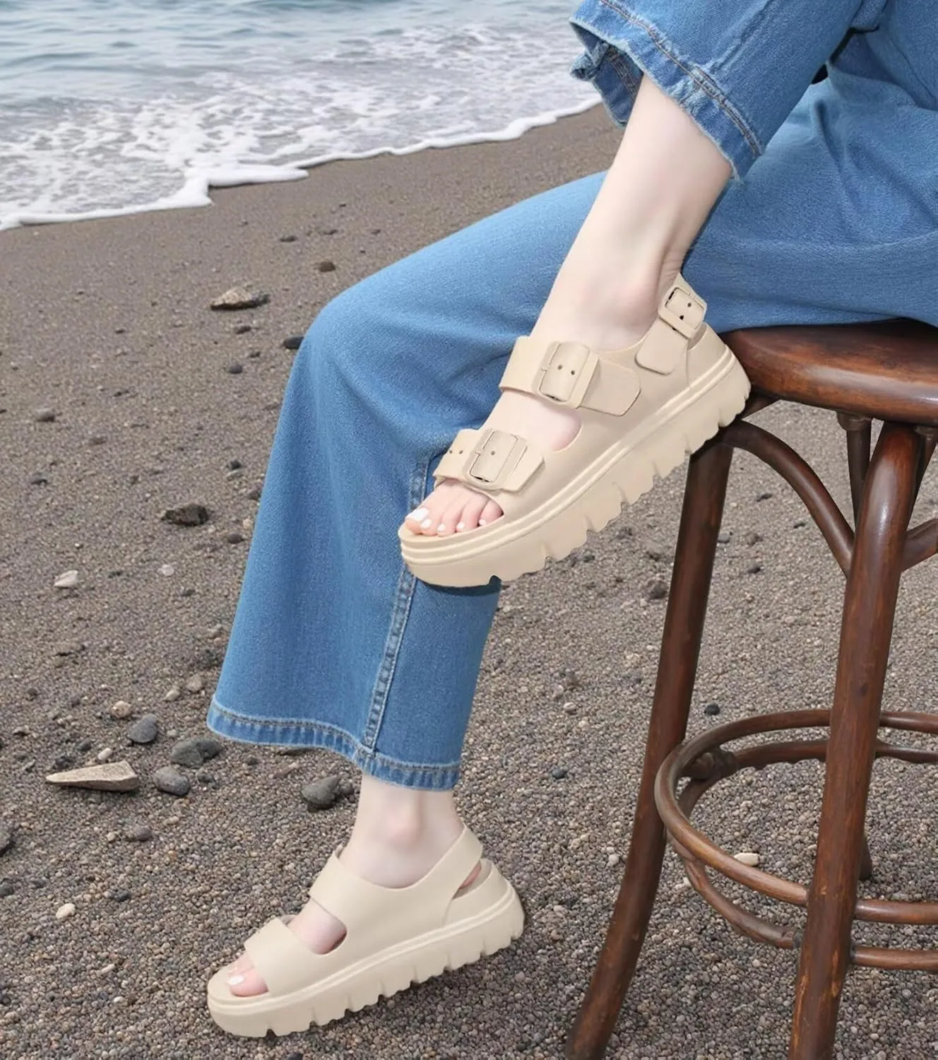 Womens Platform Sandals with Arch Support, Summer Beach Slides with Adjustable Buckle, Comfort Lightweight Chunky Cushion Slip on Sandal