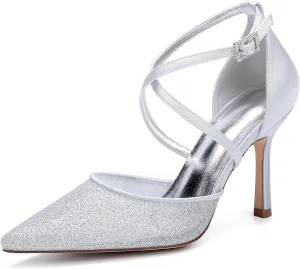 Womens Pumps for Bride Shoes Stiletto High Heels Closed Toe Pointed Toe Wedding Shoes Satin Sandals Ankle Strap Evening Dress