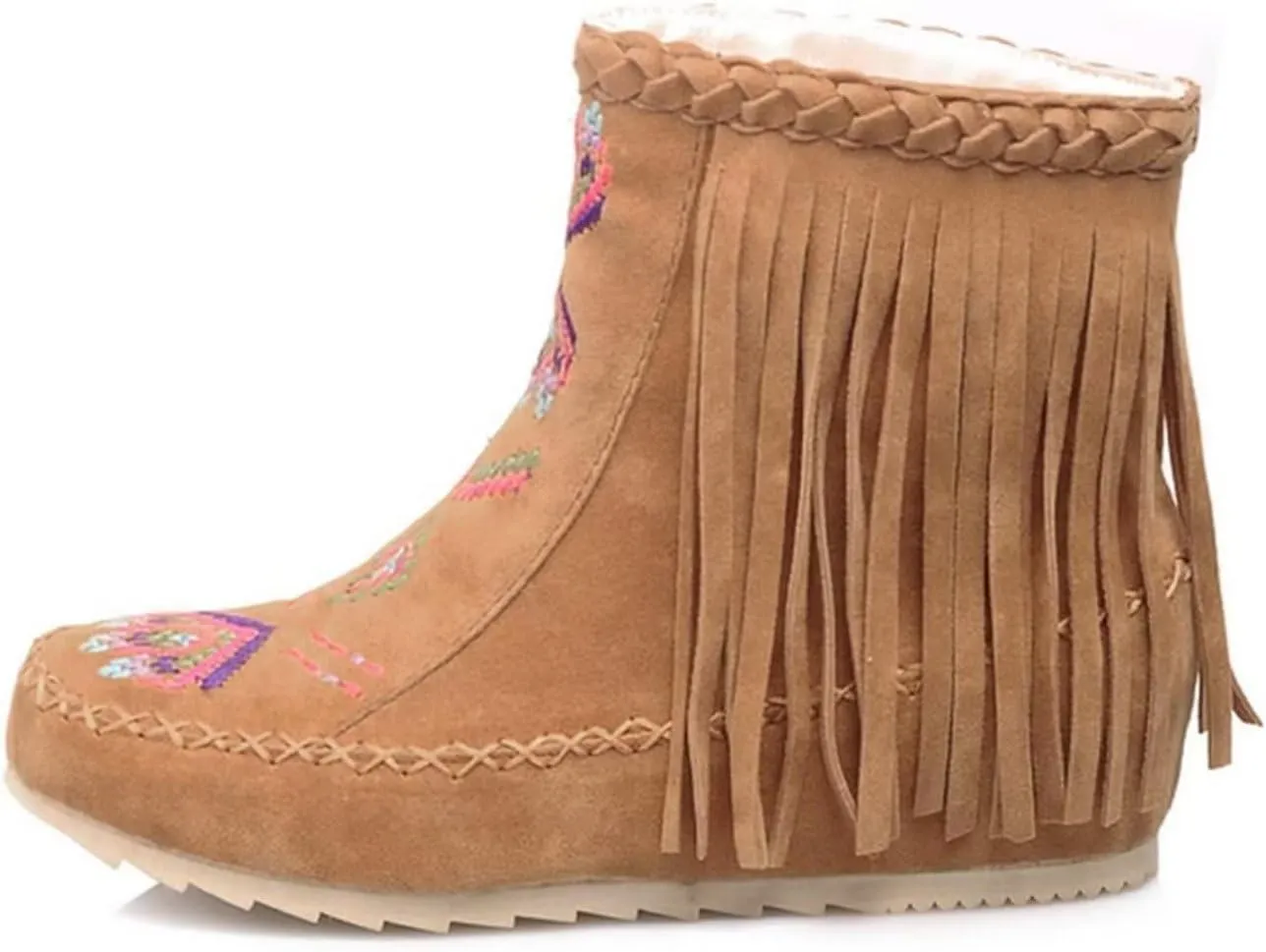 Women's Retro Fringe Moccasin Boots Low Heel Ankle Boots Slip On Comfy Warm Classic Booties
