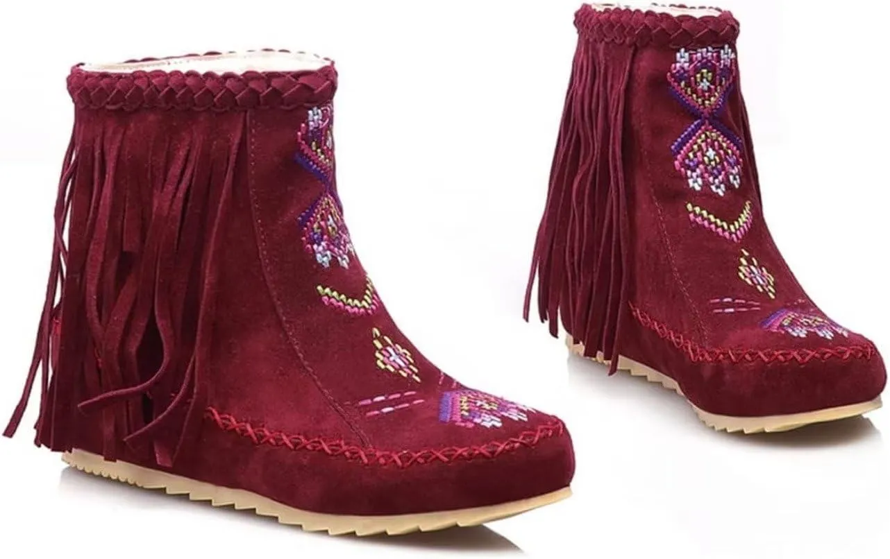 Women's Retro Fringe Moccasin Boots Low Heel Ankle Boots Slip On Comfy Warm Classic Booties