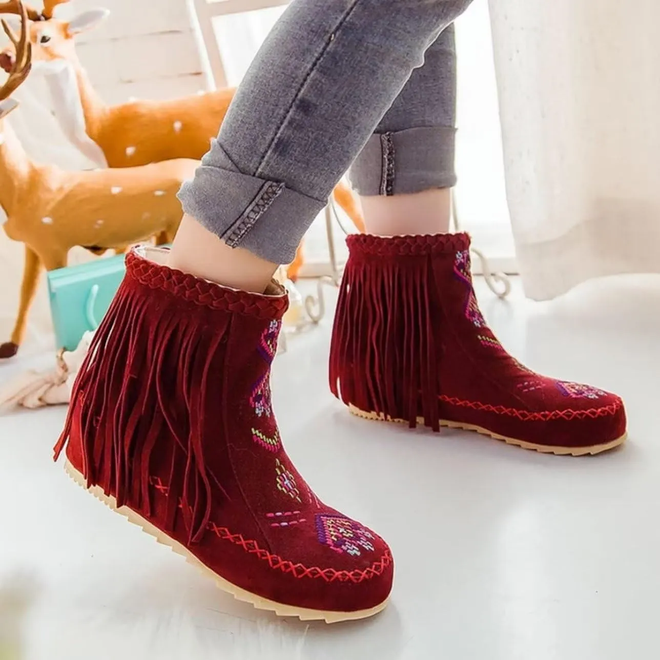 Women's Retro Fringe Moccasin Boots Low Heel Ankle Boots Slip On Comfy Warm Classic Booties