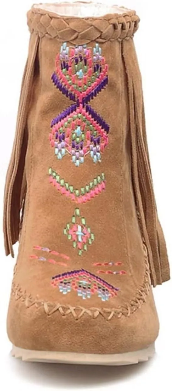 Women's Retro Fringe Moccasin Boots Low Heel Ankle Boots Slip On Comfy Warm Classic Booties