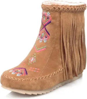 Women's Retro Fringe Moccasin Boots Low Heel Ankle Boots Slip On Comfy Warm Classic Booties